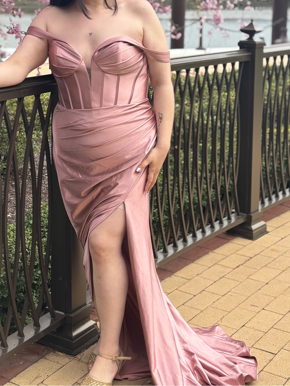 Off-Shoulder Satin Evening Gown in Dusty Rose